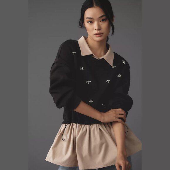 NEW Maeve Sizes L, XL Women's Embellished Twofer Pullover - Black - Picture 1 of 4